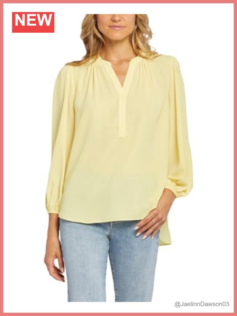 Womens Puff Sleeve Popover Blouse Recycled Polyester Split Neck 3/4 Sleeve